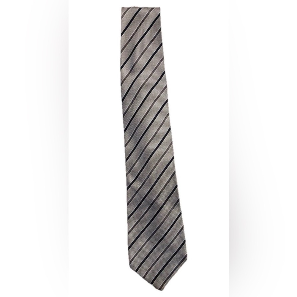 Trussini 100% Silk Necktie Gray Black Diagonal Stripe Made in Italy